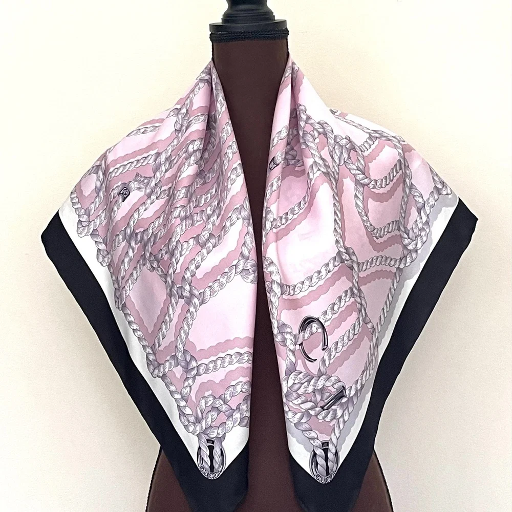 New Gucci Silk Scarf Pink Ropes Print Black Border Silk Wrap Scarf - Picture 6 of 15